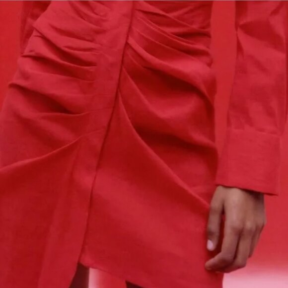 Zara red ruched Festive Sexy holiday Christmas Party long sleeve Midi dress M - Picture 4 of 11